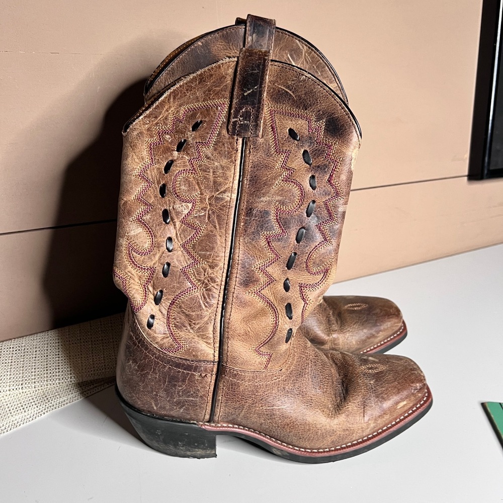 Laredo Brown Leather Western Cowboy Boots Square Toe Pink Embroidery Mens 7 D‎